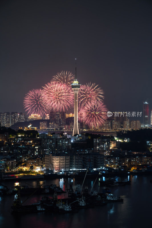 澳门半岛新葡京澳门塔CBD夜景烟花秀