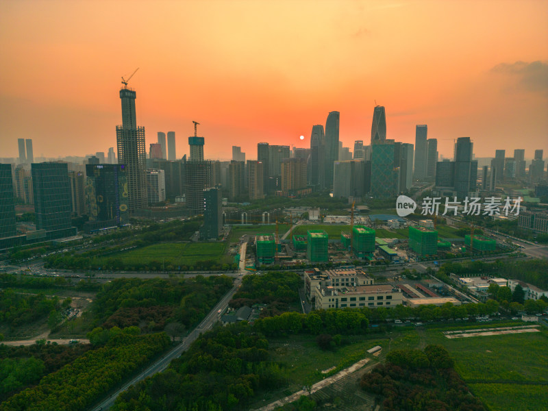 航拍杭州萧山城市晚霞火烧云风光