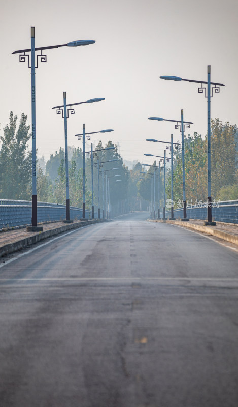 道路上整齐排列的中式路灯