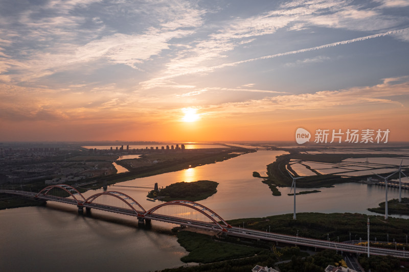 天津滨海生态城永定新河彩虹桥城市风光航拍