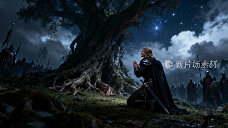 骑士于大树下跪地祈祷场景