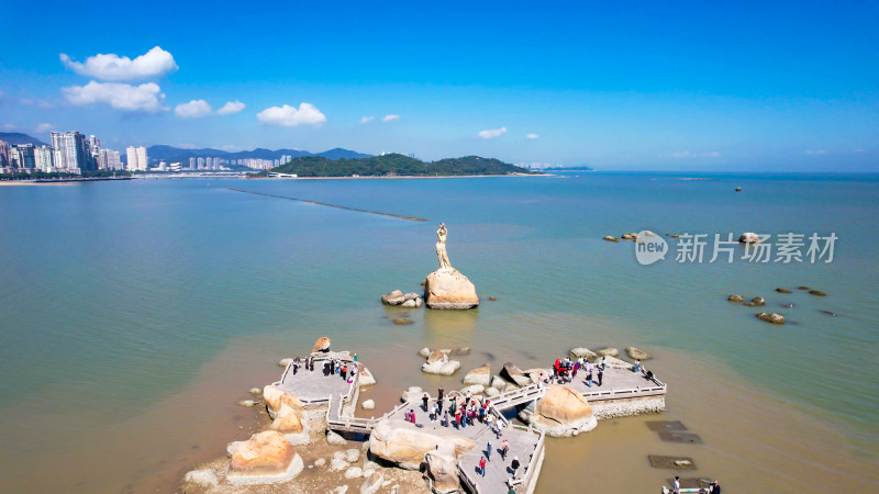 广东珠海渔女雕像地标建筑航拍