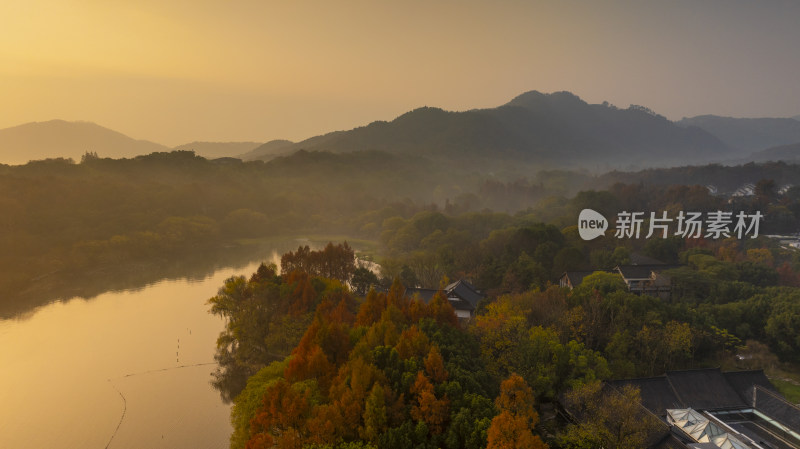 杭州西湖秋色茅家埠景区秋色风光航拍