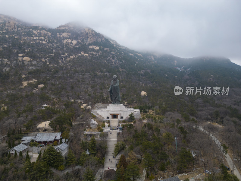 航拍崂山老子雕像景观