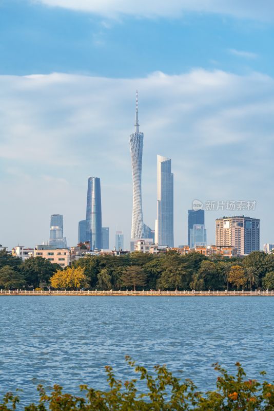 广州海珠湿地公园远眺广州塔与珠江新城CBD