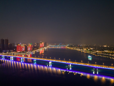 航拍湖北襄阳襄樊汉江长虹大桥襄阳夜景