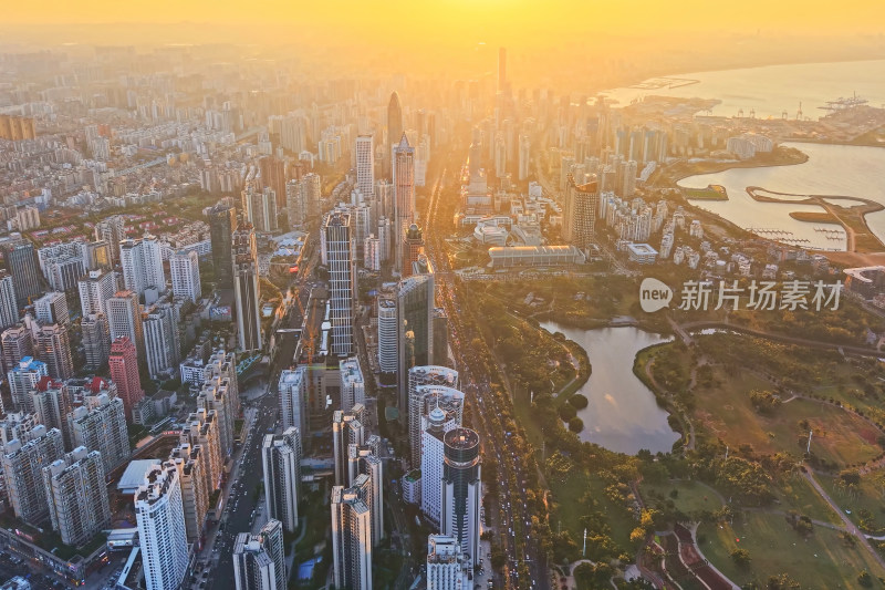 海南海口城市风光日落自贸港经济建设航拍