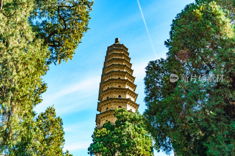 山西太原市地标永祚寺秋天古塔景观