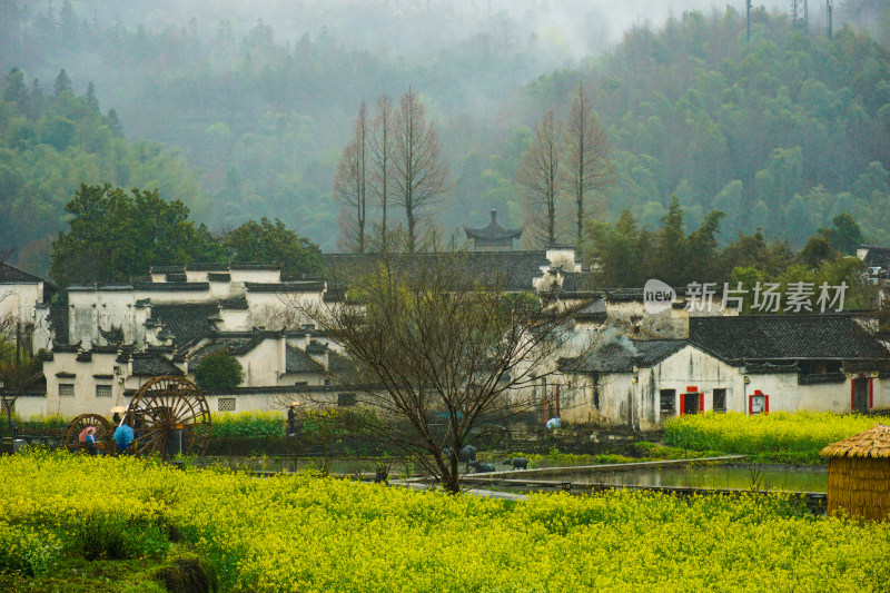 安徽黄山市黟县5A景区雨中的西递古镇