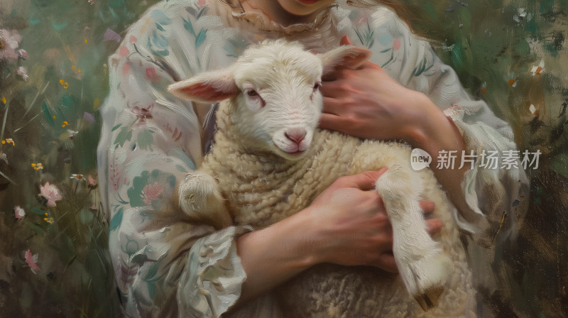 温柔乡村的守护天使少女怀抱小羊的田园诗篇