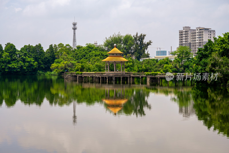 夏季白天广东揭阳榕江西湖公园湖心亭