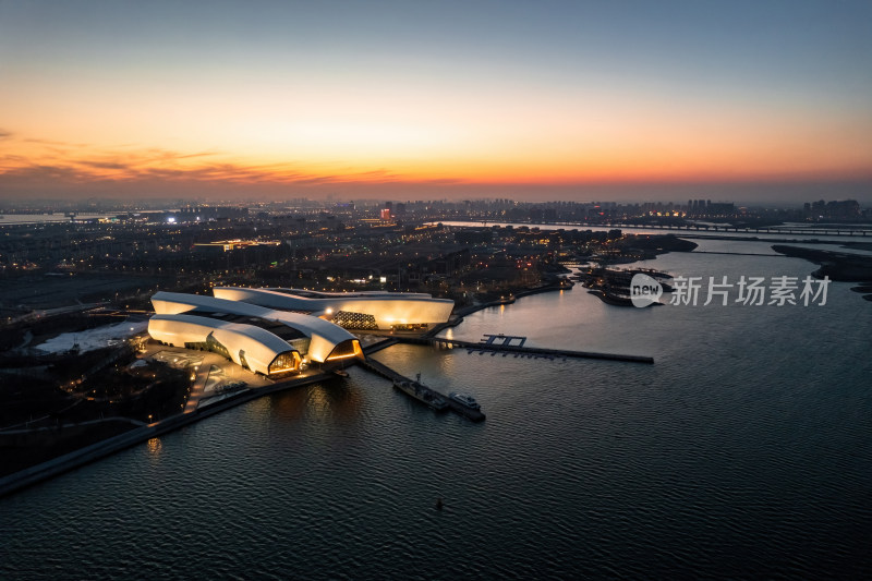 天津生态城南湾国家海洋博物馆城市夜景航拍