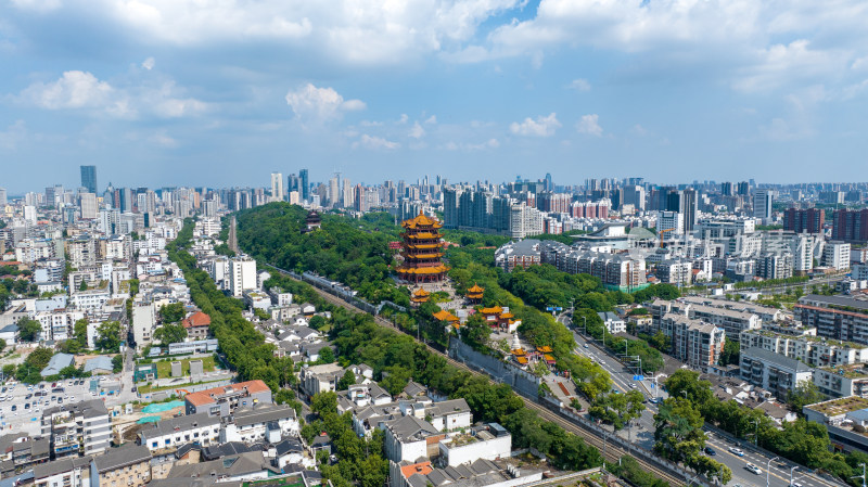 武汉地标黄鹤楼蓝天白云城市风光建筑航拍