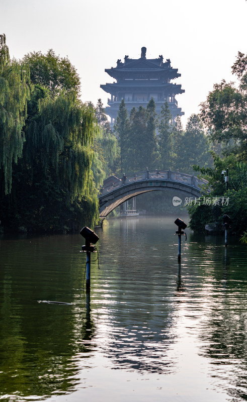 山东济南大明湖风景区自然景观与城市风光