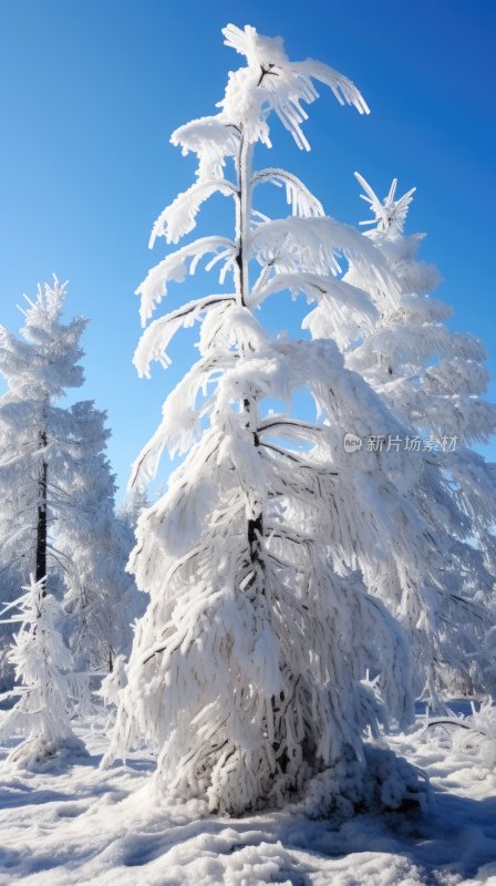 冬季雪山林中被冰雪覆盖着的树