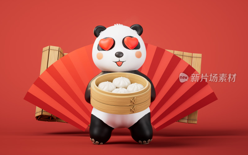 卡通熊猫拿着一笼包子3D渲染
