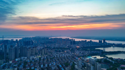 江西九江城市夕阳晚霞航拍图