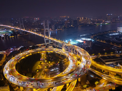 航拍俯瞰上海南浦大桥夜景