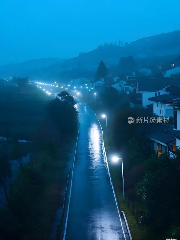 乡村雨夜灯光映照的道路