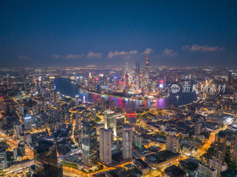 上海城市河流夜景鸟瞰图