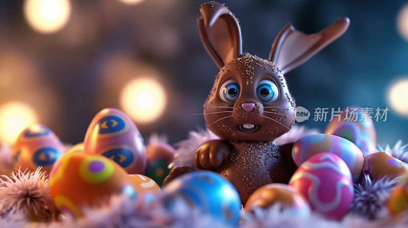 节日氛围中的巧克力复活节兔子与彩蛋