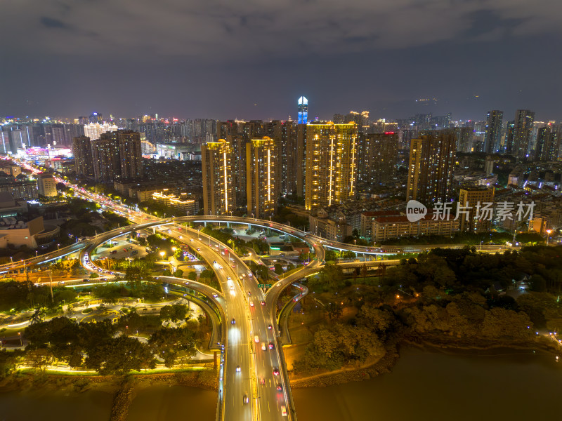 航拍福州城市夜景下与繁华立交桥及周边建筑