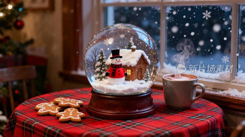 圣诞主题雪景水晶球与热饮