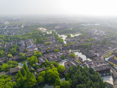航拍江南水乡古镇乌镇全景