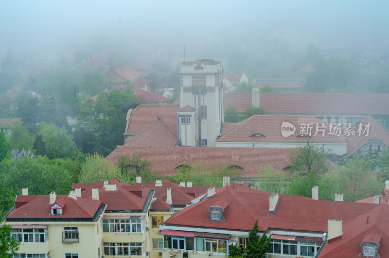 青岛小鱼山雾天俯瞰城市风光，中国海洋大学