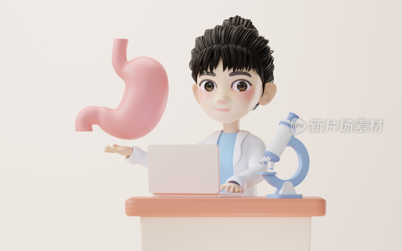 卡通女性科研人员与胃3D渲染