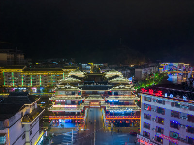 湖南怀化通道廊桥通道风雨桥夜景航拍