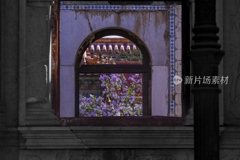故宫延禧宫中式古建筑窗景及繁花