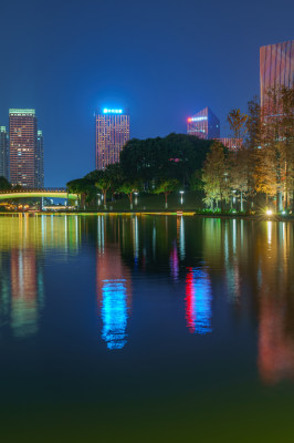 佛山千灯湖公园落羽杉红叶与城市夜景灯光