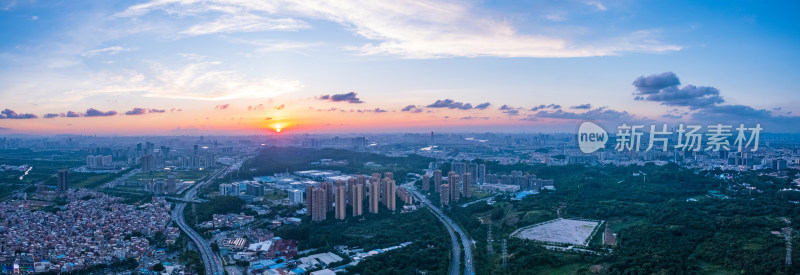 航拍广州番禺城市建筑景观夕阳晚霞全景长图