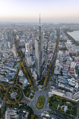 江苏南京CBD紫峰大厦建筑群日落夜景航拍