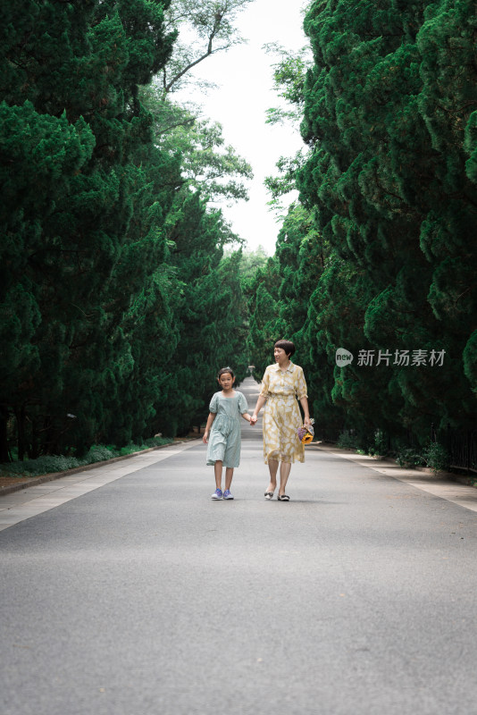 夏天牵手走在林荫道上的中国母女