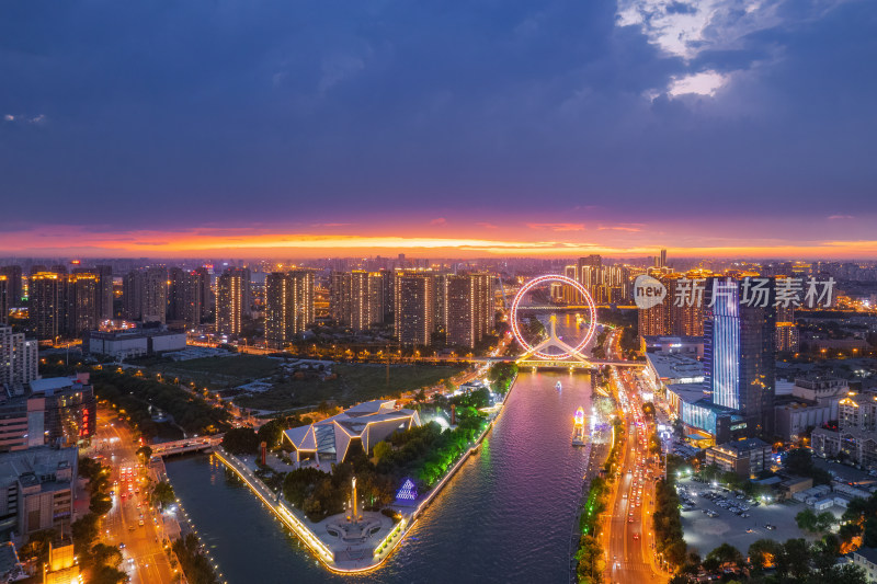 海河天津之眼旅游景区城市日落晚霞夜景航拍