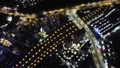 航拍广东省东莞市清溪镇夜景城市风光