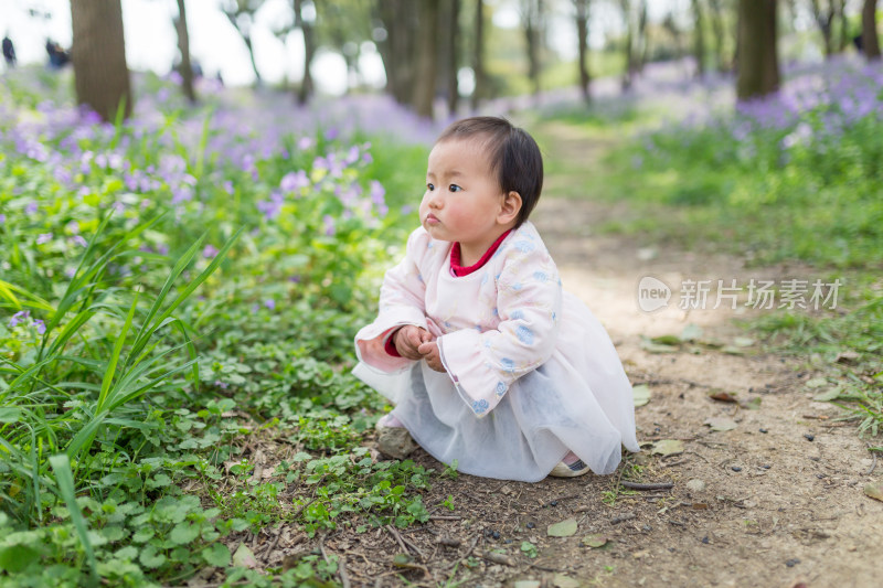 蹲着赏花的可爱幼儿