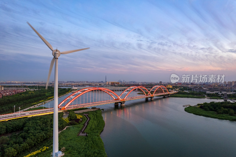 天津滨海生态城永定新河彩虹桥城市风光航拍