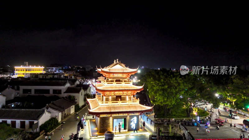 广东潮州古城下水门城楼夜景灯光航拍