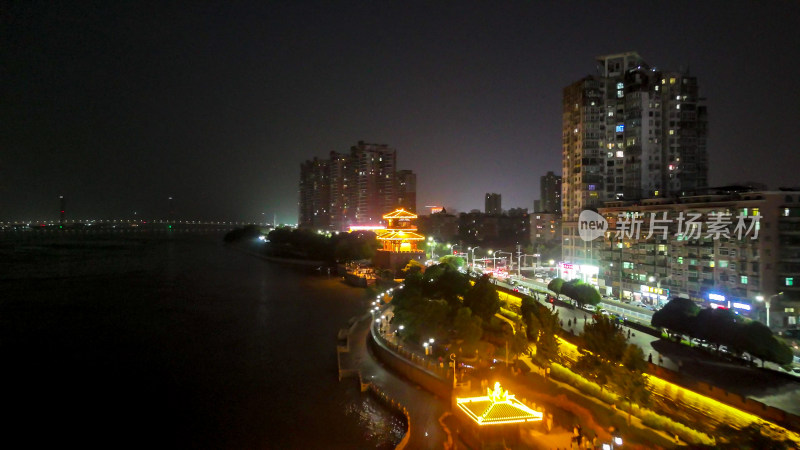 航拍湖北鄂州城市大景夜景交通