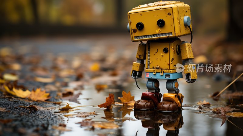 科幻概念插图，站在马路废墟的机器人
