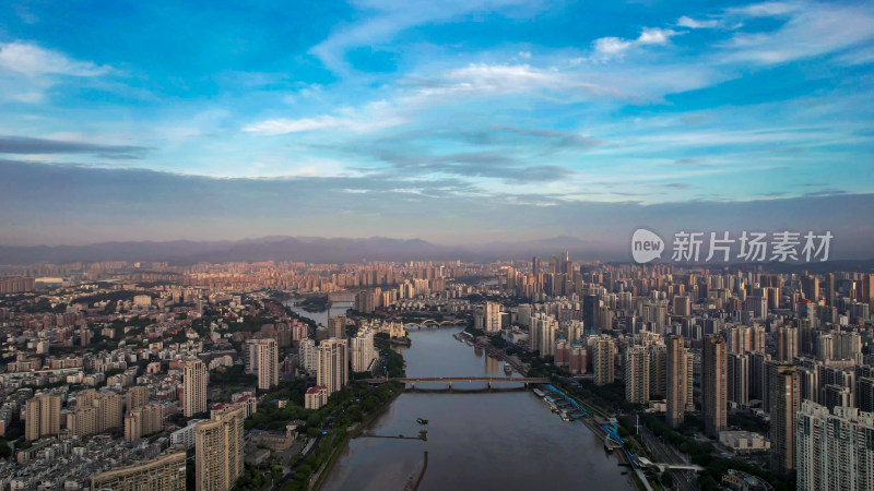 福建福州城市清晨闽江日出航拍