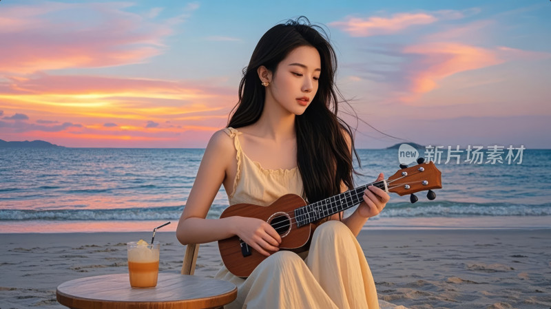 海边日落美女弹尤克里里度假休闲背景图