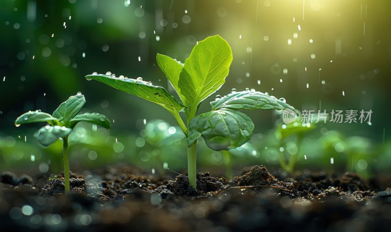 小雨嫩芽雨露滋润幼苗春天清新水滴背景