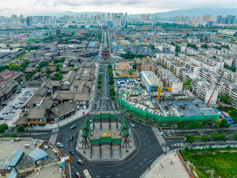 山西省大同市古城景区航拍高视角风光