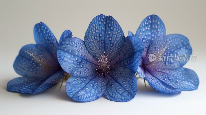 三朵带白色斑点的蓝色花朵