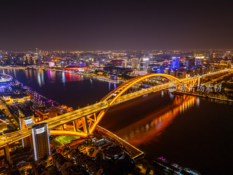 航拍上海卢浦大桥和黄浦江夜景