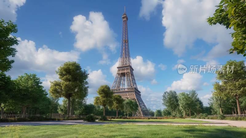 巴黎春日下埃菲尔铁塔辉煌，碧空如洗云彩飘